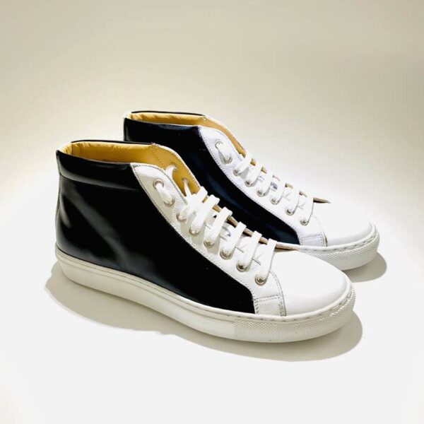 Men's high sneakers in black leather with artisan leather bottom