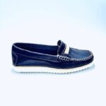 Woman unlined summer moccasin handmade colored leather with blue rubber sole