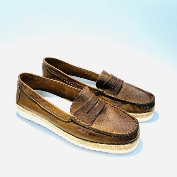 Woman unlined summer moccasin handmade colored leather with brown rubber sole