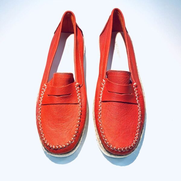 Woman unlined summer moccasin handmade colored leather red rubber sole