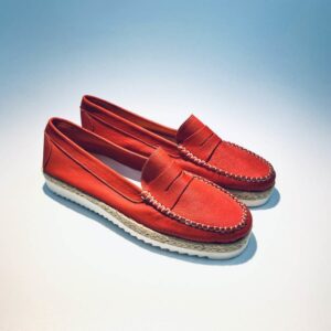 Woman unlined summer moccasin handmade colored leather red rubber sole