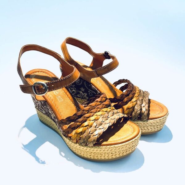 Woman sandal high wedge leather colored rubber bottom earth colors handmade in Italy samoa
