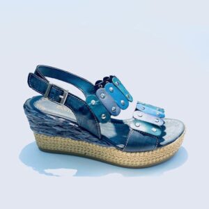 Sandal woman wedge leather bottom rubber colored blue artisan made in italy samoa