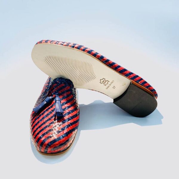 Moccasin woman hand woven red blue leather