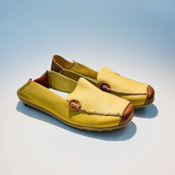 Handmade yellow woman summer moccasin with rubber sole