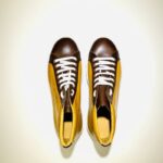 Men's high sneakers in leather, ocher brown rubber sole