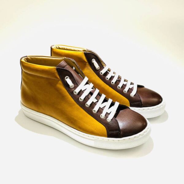 Men's high sneakers in leather, ocher brown rubber sole