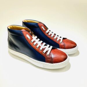 Handmade blue red leather men's high sneakers