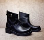 Low artisan black leather ankle boot with rubber sole