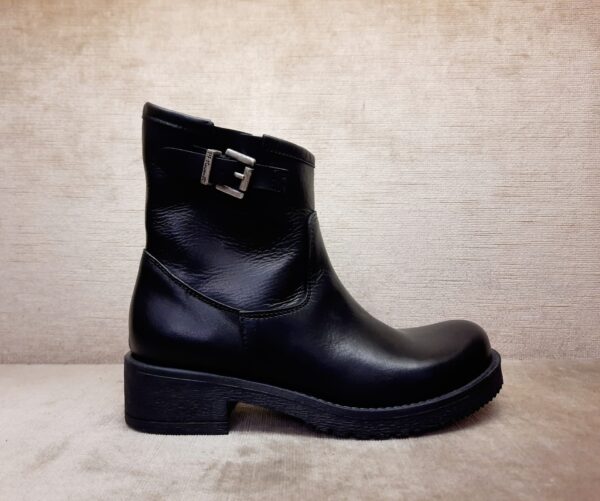 Low artisan black leather ankle boot with rubber sole